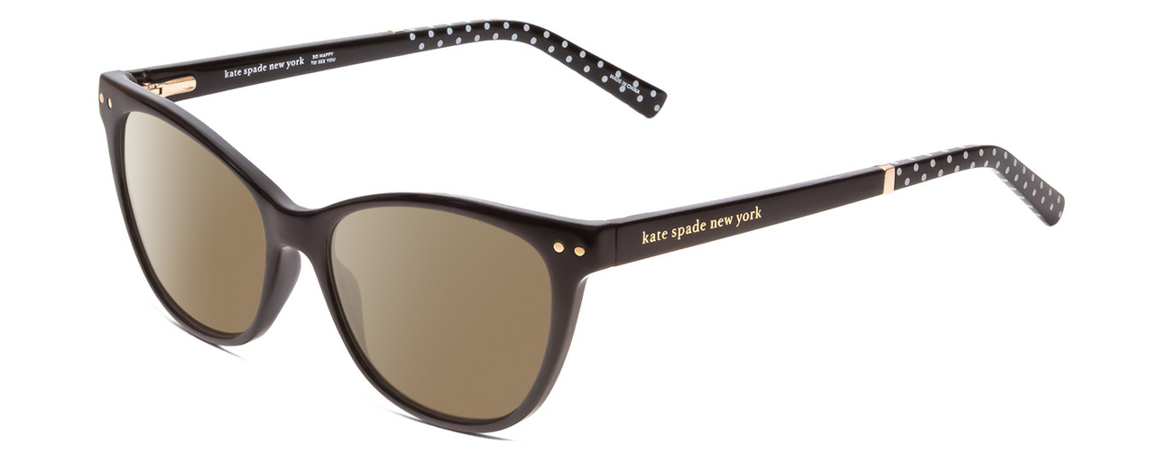 Profile View of Kate Spade JOHNESHA Designer Polarized Sunglasses with Custom Cut Amber Brown Lenses in Black W/ White Polka Dots Ladies Cat Eye Full Rim Acetate 52 mm