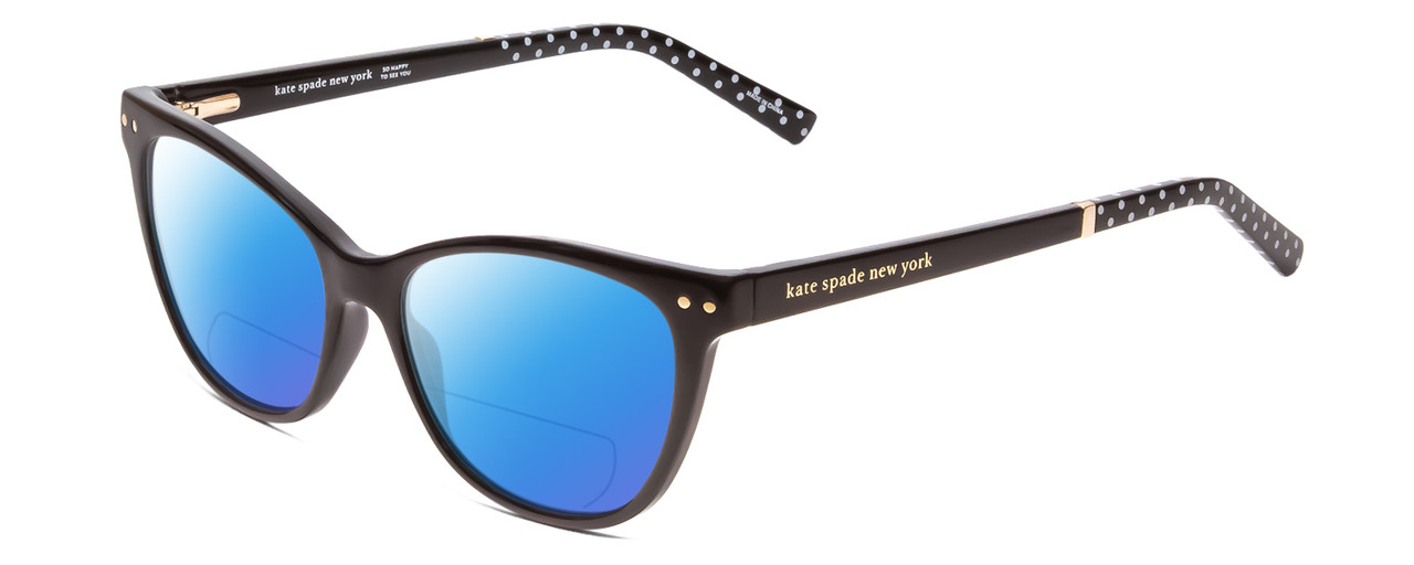 Profile View of Kate Spade JOHNESHA Designer Polarized Reading Sunglasses with Custom Cut Powered Blue Mirror Lenses in Black W/ White Polka Dots Ladies Cat Eye Full Rim Acetate 52 mm