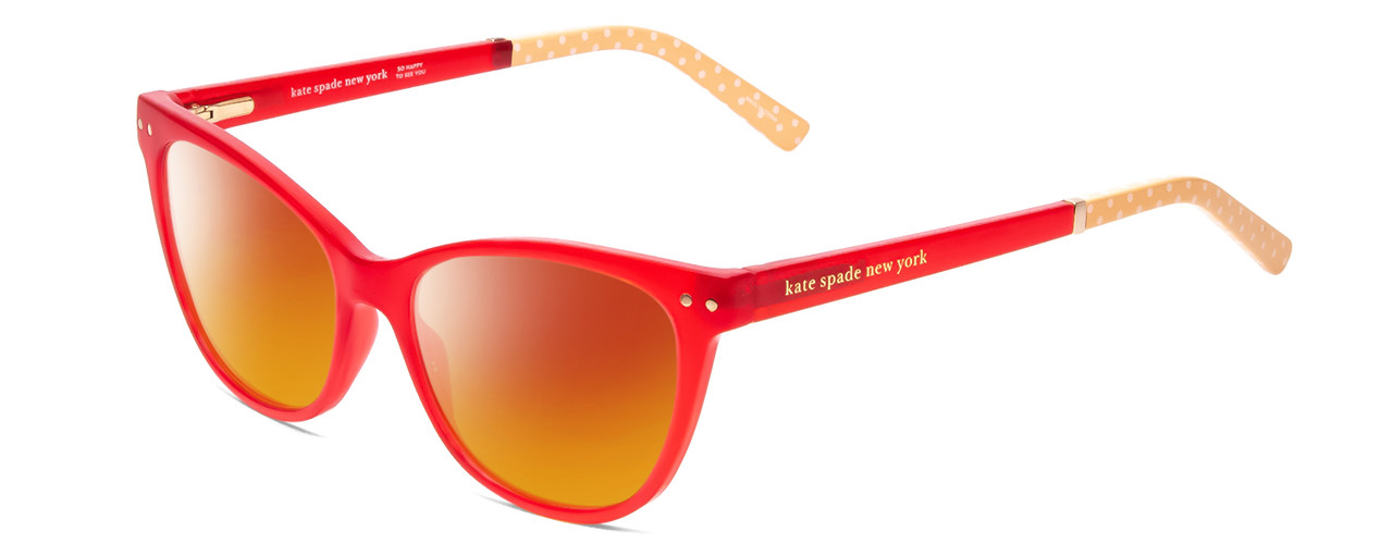 Profile View of Kate Spade JOHNESHA Designer Polarized Sunglasses with Custom Cut Red Mirror Lenses in Red Crystal & Peach W/ White Polka Dots Ladies Cat Eye Full Rim Acetate 52 mm