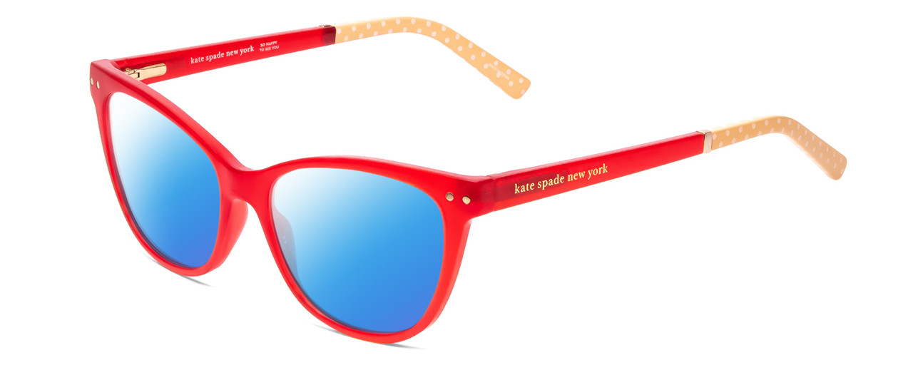 Profile View of Kate Spade JOHNESHA Designer Polarized Sunglasses with Custom Cut Blue Mirror Lenses in Red Crystal & Peach W/ White Polka Dots Ladies Cat Eye Full Rim Acetate 52 mm