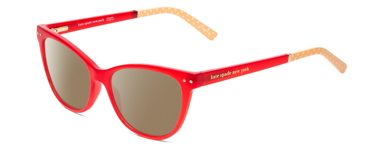 Profile View of Kate Spade JOHNESHA Designer Polarized Sunglasses with Custom Cut Amber Brown Lenses in Red Crystal & Peach W/ White Polka Dots Ladies Cat Eye Full Rim Acetate 52 mm