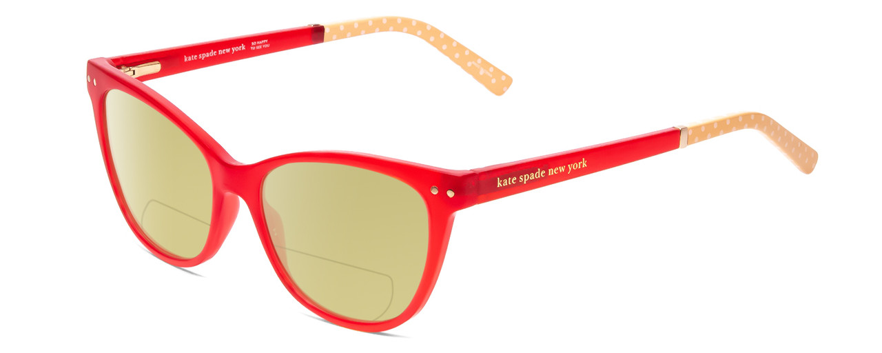 Profile View of Kate Spade JOHNESHA Designer Polarized Reading Sunglasses with Custom Cut Powered Sun Flower Yellow Lenses in Red Crystal & Peach W/ White Polka Dots Ladies Cat Eye Full Rim Acetate 52 mm