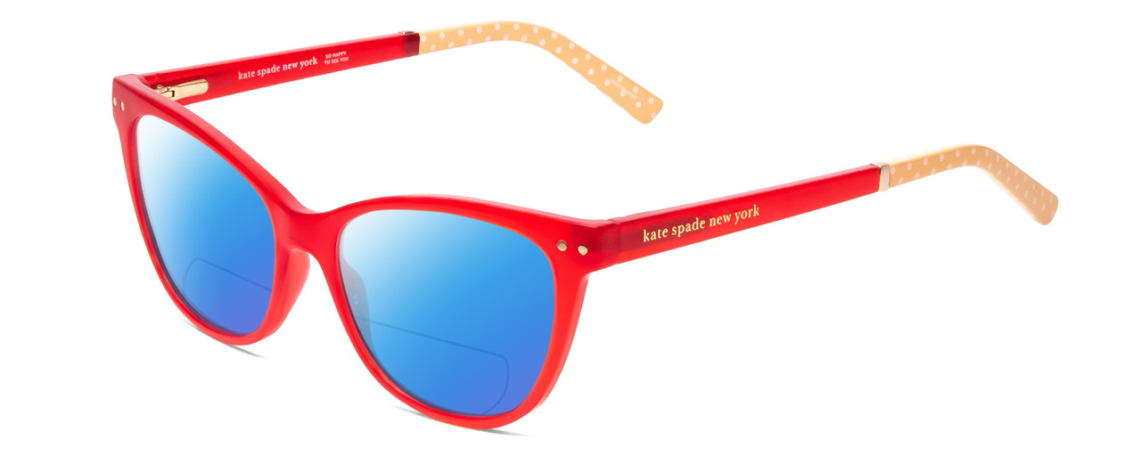 Profile View of Kate Spade JOHNESHA Designer Polarized Reading Sunglasses with Custom Cut Powered Blue Mirror Lenses in Red Crystal & Peach W/ White Polka Dots Ladies Cat Eye Full Rim Acetate 52 mm