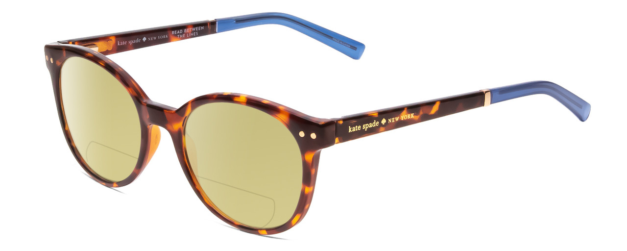 Profile View of Kate Spade KAYLIN Designer Polarized Reading Sunglasses with Custom Cut Powered Sun Flower Yellow Lenses in Dark Brown Amber Tortoise Havana Ladies Round Full Rim Acetate 49 mm