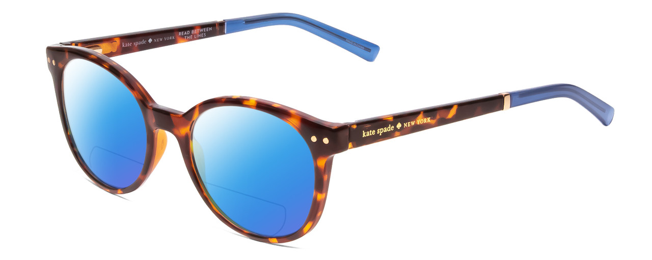 Profile View of Kate Spade KAYLIN Designer Polarized Reading Sunglasses with Custom Cut Powered Blue Mirror Lenses in Dark Brown Amber Tortoise Havana Ladies Round Full Rim Acetate 49 mm