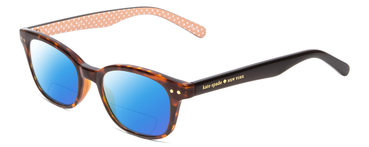 Profile View of Kate Spade REBECCA 2 Designer Polarized Reading Sunglasses with Custom Cut Powered Blue Mirror Lenses in Tortoise Havana & Peach W/ White Polka Dots Ladies Cat Eye Full Rim Acetate 49 mm