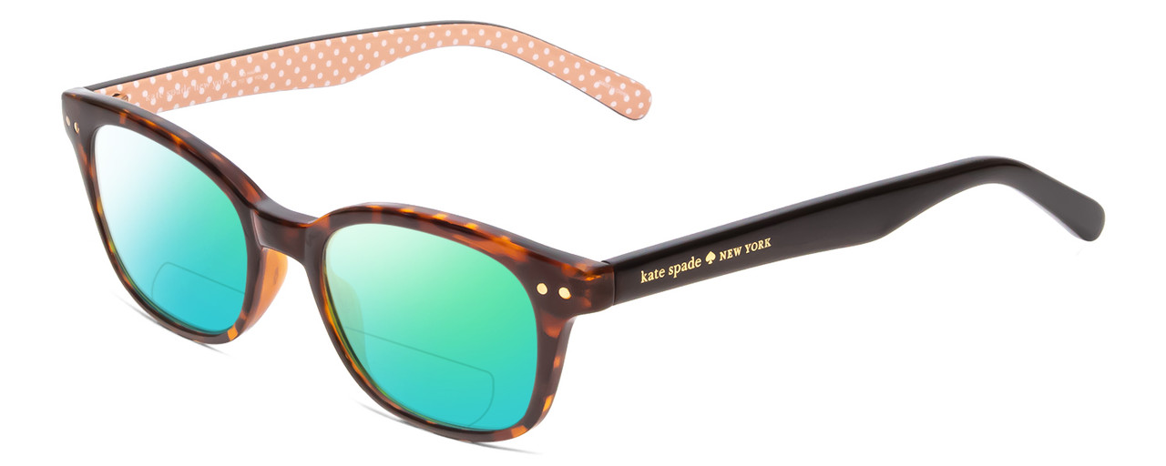 Profile View of Kate Spade REBECCA 2 Designer Polarized Reading Sunglasses with Custom Cut Powered Green Mirror Lenses in Tortoise Havana & Peach W/ White Polka Dots Ladies Cat Eye Full Rim Acetate 49 mm