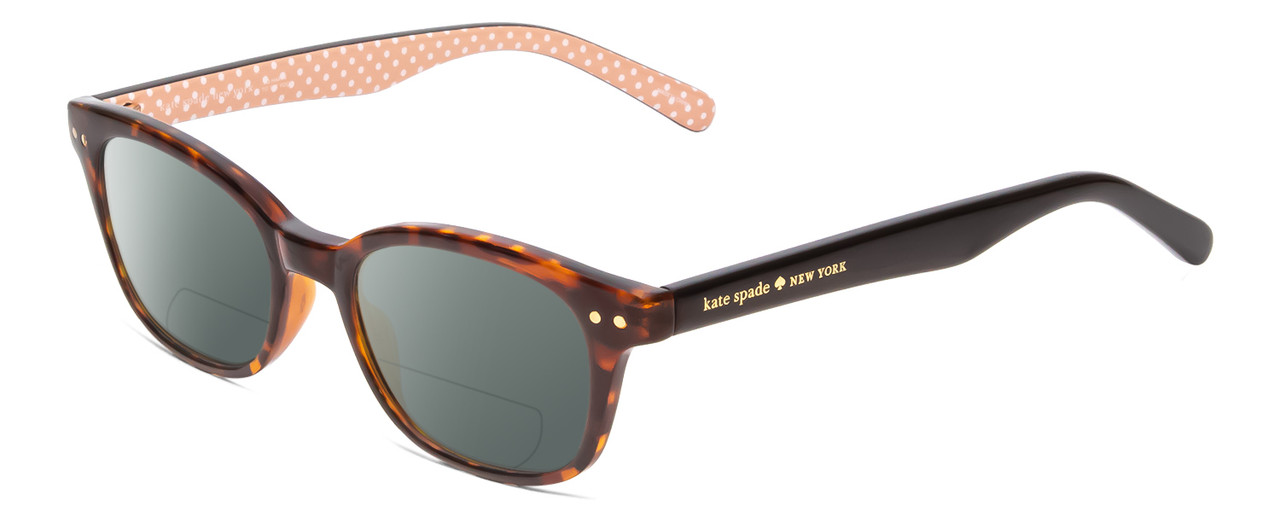 Profile View of Kate Spade REBECCA 2 Designer Polarized Reading Sunglasses with Custom Cut Powered Smoke Grey Lenses in Tortoise Havana & Peach W/ White Polka Dots Ladies Cat Eye Full Rim Acetate 49 mm