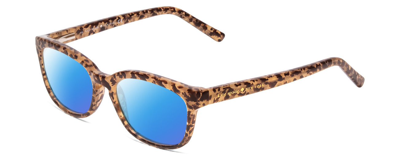 Profile View of Kate Spade TABBY/O Designer Polarized Sunglasses with Custom Cut Blue Mirror Lenses in Light Beige Crystal & Brown Spotty Tortoise  Ladies Cat Eye Full Rim Acetate 50 mm