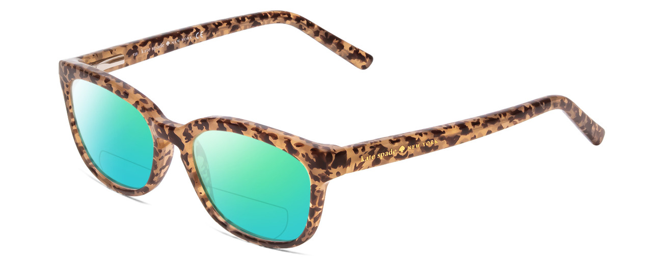 Profile View of Kate Spade TABBY/O Designer Polarized Reading Sunglasses with Custom Cut Powered Green Mirror Lenses in Light Beige Crystal & Brown Spotty Tortoise  Ladies Cat Eye Full Rim Acetate 50 mm