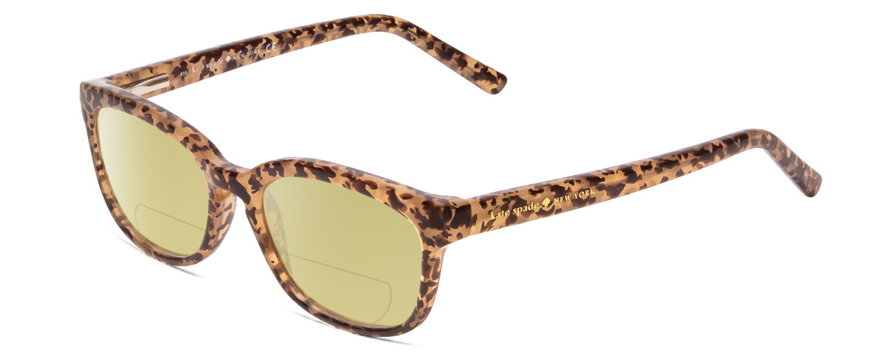 Profile View of Kate Spade TABBY/O Designer Polarized Reading Sunglasses with Custom Cut Powered Sun Flower Yellow Lenses in Light Beige Crystal & Brown Spotty Tortoise  Ladies Cat Eye Full Rim Acetate 50 mm