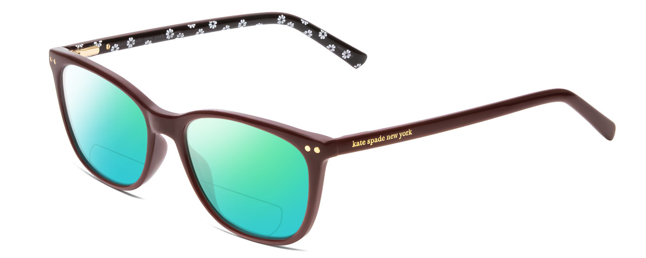 Profile View of Kate Spade TINLEE Designer Polarized Reading Sunglasses with Custom Cut Powered Green Mirror Lenses in Deep Burgundy W/ Black & White Floral Ladies Cat Eye Full Rim Acetate 52 mm