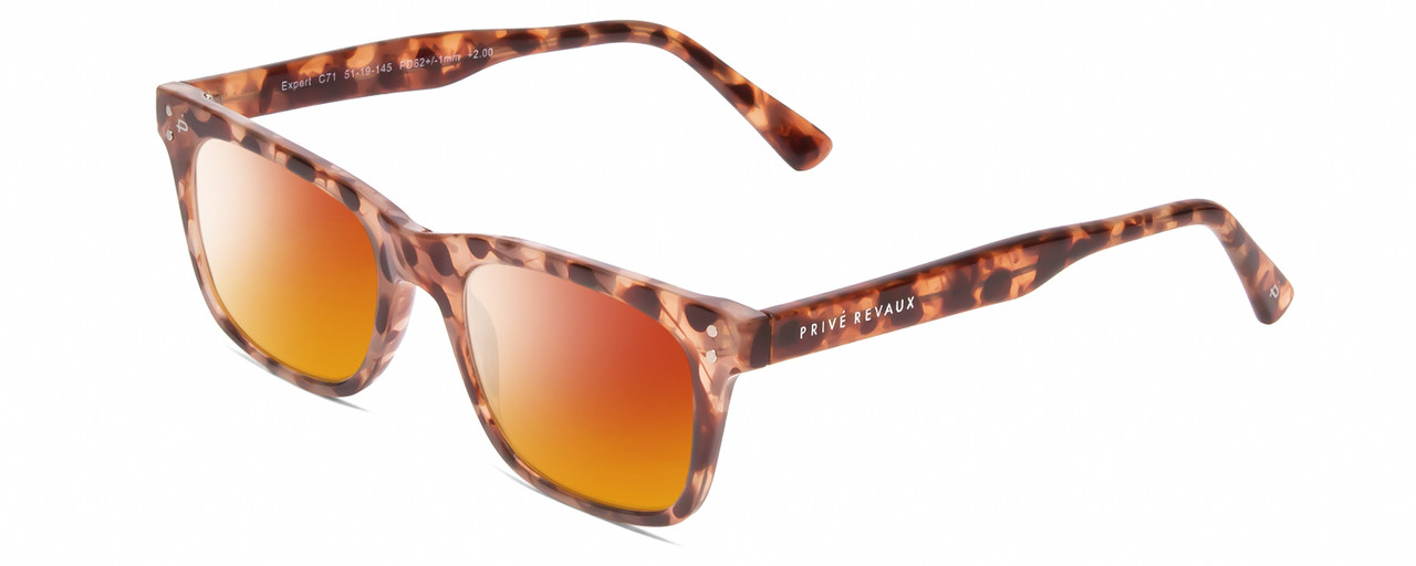 Profile View of Prive Revaux Expert Designer Polarized Sunglasses with Custom Cut Red Mirror Lenses in Blush Pink Brown Crystal Tortoise Havana Unisex Rectangle Full Rim Acetate 50 mm