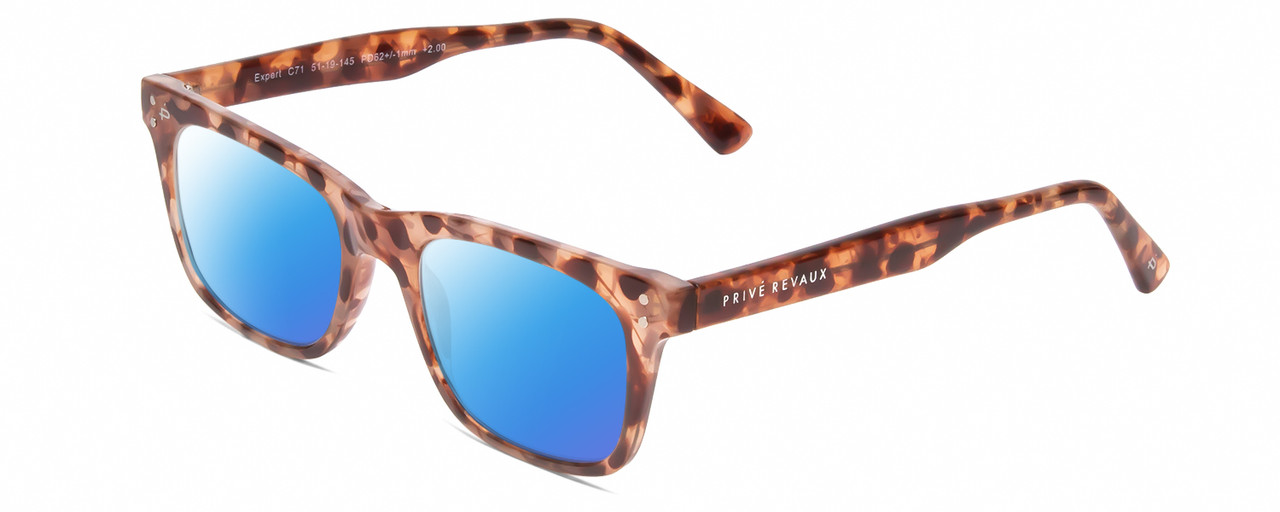 Profile View of Prive Revaux Expert Designer Polarized Sunglasses with Custom Cut Blue Mirror Lenses in Blush Pink Brown Crystal Tortoise Havana Unisex Rectangle Full Rim Acetate 50 mm