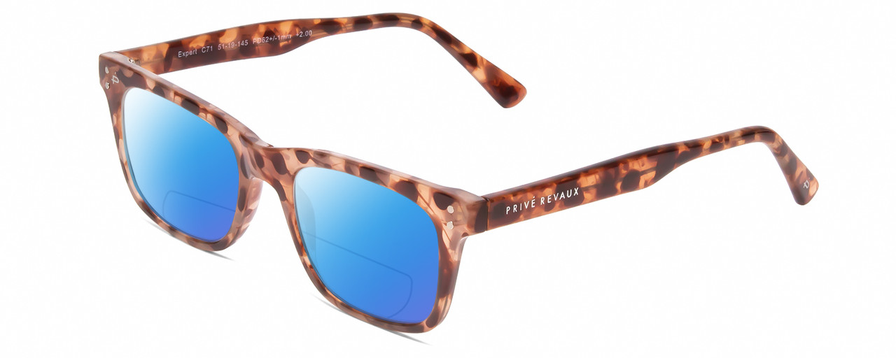 Profile View of Prive Revaux Expert Designer Polarized Reading Sunglasses with Custom Cut Powered Blue Mirror Lenses in Blush Pink Brown Crystal Tortoise Havana Unisex Rectangle Full Rim Acetate 50 mm