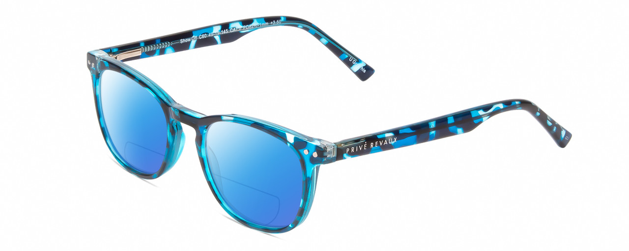 Profile View of Prive Revaux Show Off Single Designer Polarized Reading Sunglasses with Custom Cut Powered Blue Mirror Lenses in Blue Tortoise Havana Ladies Round Full Rim Acetate 48 mm