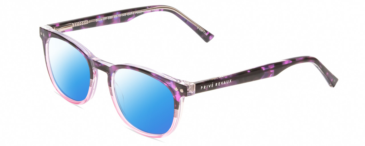 Profile View of Prive Revaux Show Off Single Designer Polarized Sunglasses with Custom Cut Blue Mirror Lenses in Black Purple Tortoise Blush Pink Crystal Fade Ladies Round Full Rim Acetate 48 mm