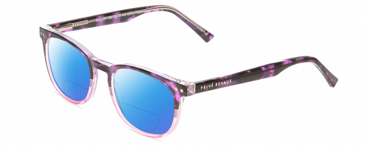 Profile View of Prive Revaux Show Off Single Designer Polarized Reading Sunglasses with Custom Cut Powered Blue Mirror Lenses in Black Purple Tortoise Blush Pink Crystal Fade Ladies Round Full Rim Acetate 48 mm