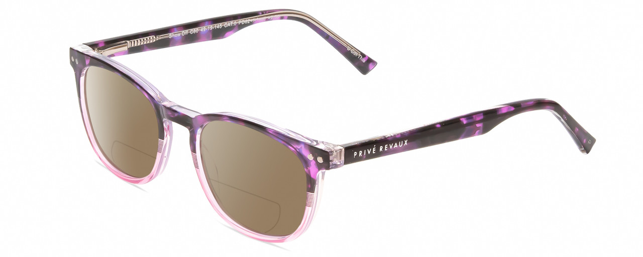 Profile View of Prive Revaux Show Off Single Designer Polarized Reading Sunglasses with Custom Cut Powered Amber Brown Lenses in Black Purple Tortoise Blush Pink Crystal Fade Ladies Round Full Rim Acetate 48 mm