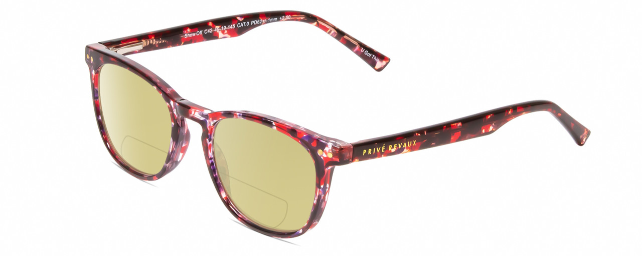 Profile View of Prive Revaux Show Off Single Designer Polarized Reading Sunglasses with Custom Cut Powered Sun Flower Yellow Lenses in Rose Red Tortoise Havana Crystal Ladies Round Full Rim Acetate 48 mm