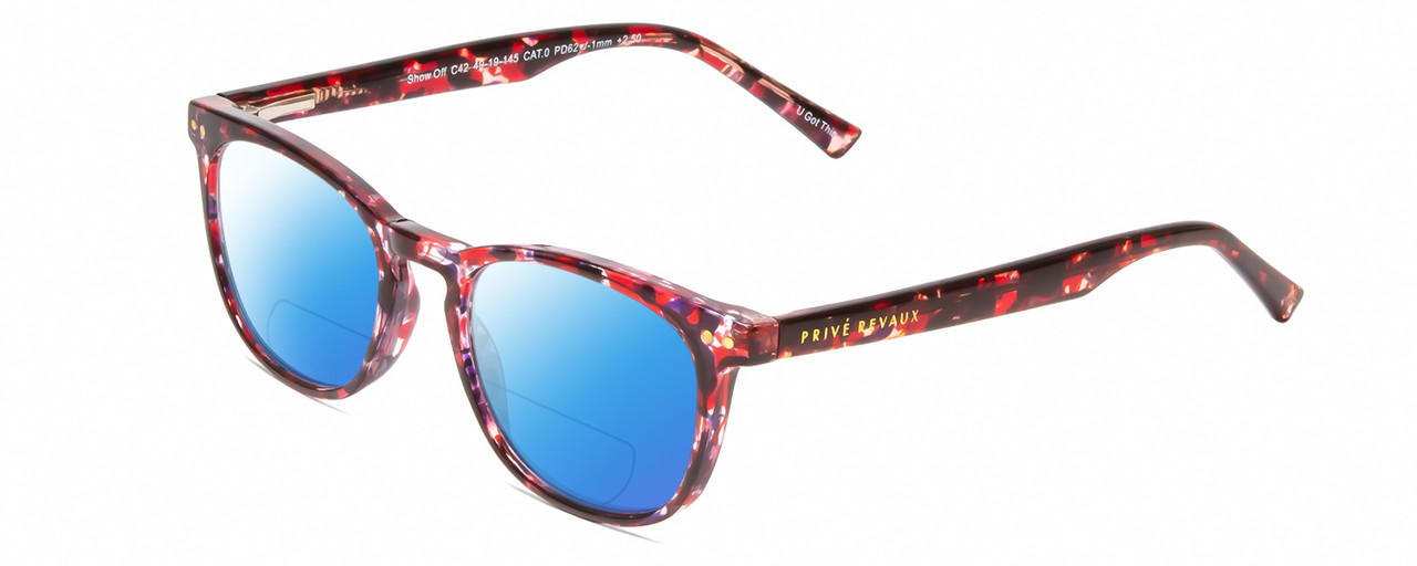 Profile View of Prive Revaux Show Off Single Designer Polarized Reading Sunglasses with Custom Cut Powered Blue Mirror Lenses in Rose Red Tortoise Havana Crystal Ladies Round Full Rim Acetate 48 mm