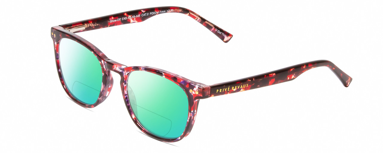 Profile View of Prive Revaux Show Off Single Designer Polarized Reading Sunglasses with Custom Cut Powered Green Mirror Lenses in Rose Red Tortoise Havana Crystal Ladies Round Full Rim Acetate 48 mm