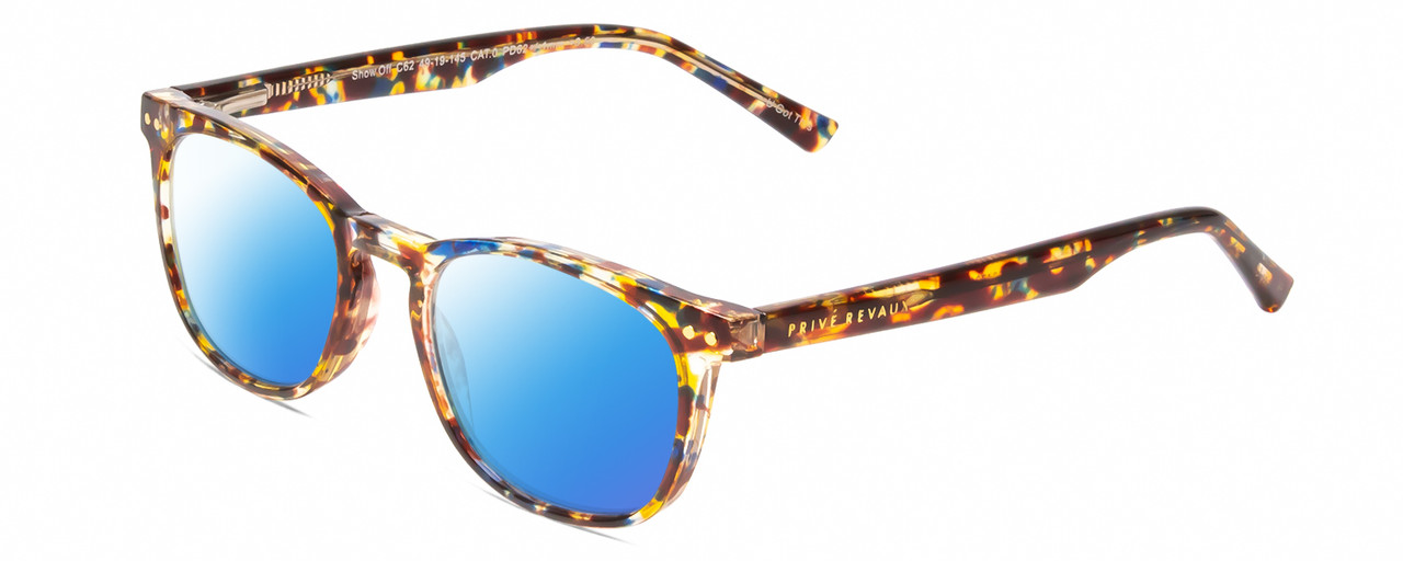 Profile View of Prive Revaux Show Off Single Designer Polarized Sunglasses with Custom Cut Blue Mirror Lenses in Toffee Orange Brown Ladies Round Full Rim Acetate 48 mm