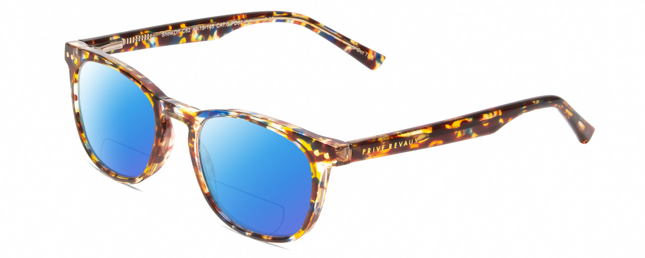 Profile View of Prive Revaux Show Off Single Designer Polarized Reading Sunglasses with Custom Cut Powered Blue Mirror Lenses in Toffee Orange Brown Ladies Round Full Rim Acetate 48 mm