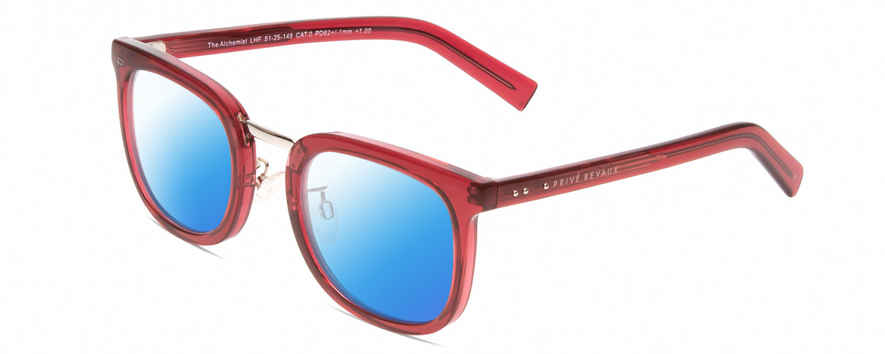 Profile View of Prive Revaux Alchemist Designer Polarized Sunglasses with Custom Cut Blue Mirror Lenses in Crystal Merlot Red Unisex Square Full Rim Acetate 50 mm