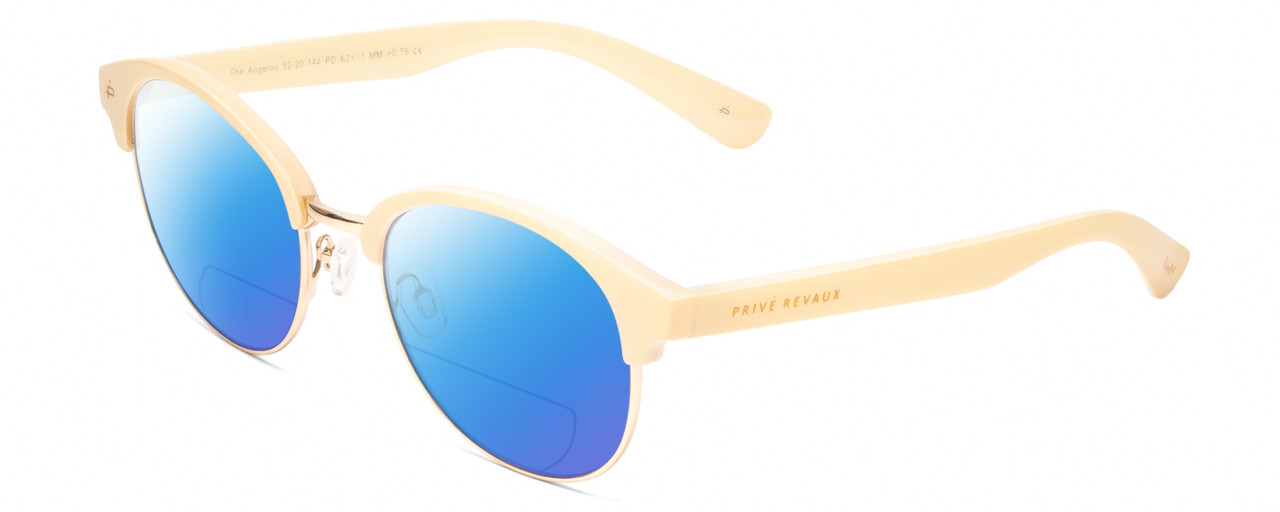 Profile View of Prive Revaux Angelou Designer Polarized Reading Sunglasses with Custom Cut Powered Blue Mirror Lenses in Ivory White Gold Ladies Cateye Full Rim Acetate 50 mm