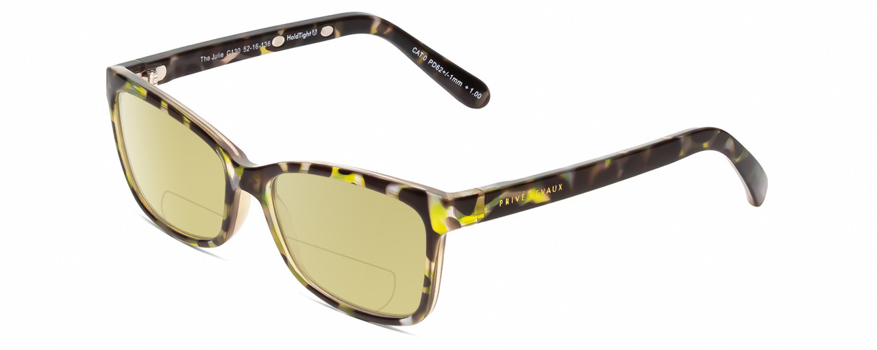 Profile View of Prive Revaux Julie Designer Polarized Reading Sunglasses with Custom Cut Powered Sun Flower Yellow Lenses in Olive Hunter Green Marble Ladies Cateye Full Rim Acetate 50 mm
