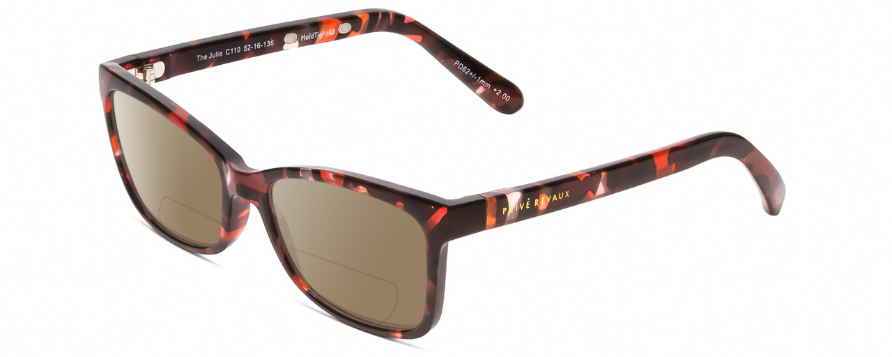 Profile View of Prive Revaux Julie Designer Polarized Reading Sunglasses with Custom Cut Powered Amber Brown Lenses in Sangria Coral Red Brown Crystal Tortoise Havana Ladies Cateye Full Rim Acetate 50 mm