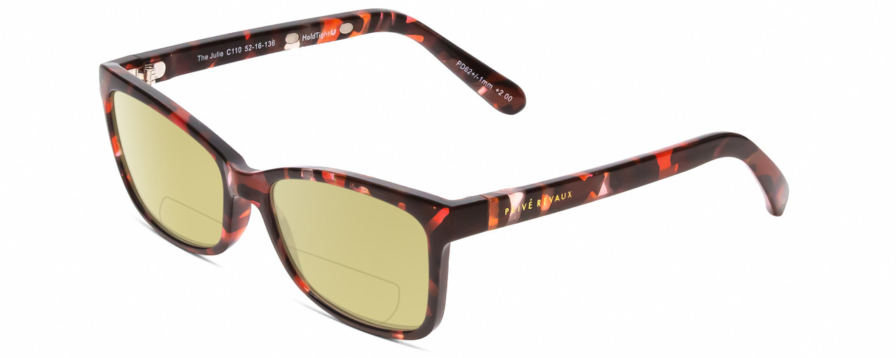 Profile View of Prive Revaux Julie Designer Polarized Reading Sunglasses with Custom Cut Powered Sun Flower Yellow Lenses in Sangria Coral Red Brown Crystal Tortoise Havana Ladies Cateye Full Rim Acetate 50 mm