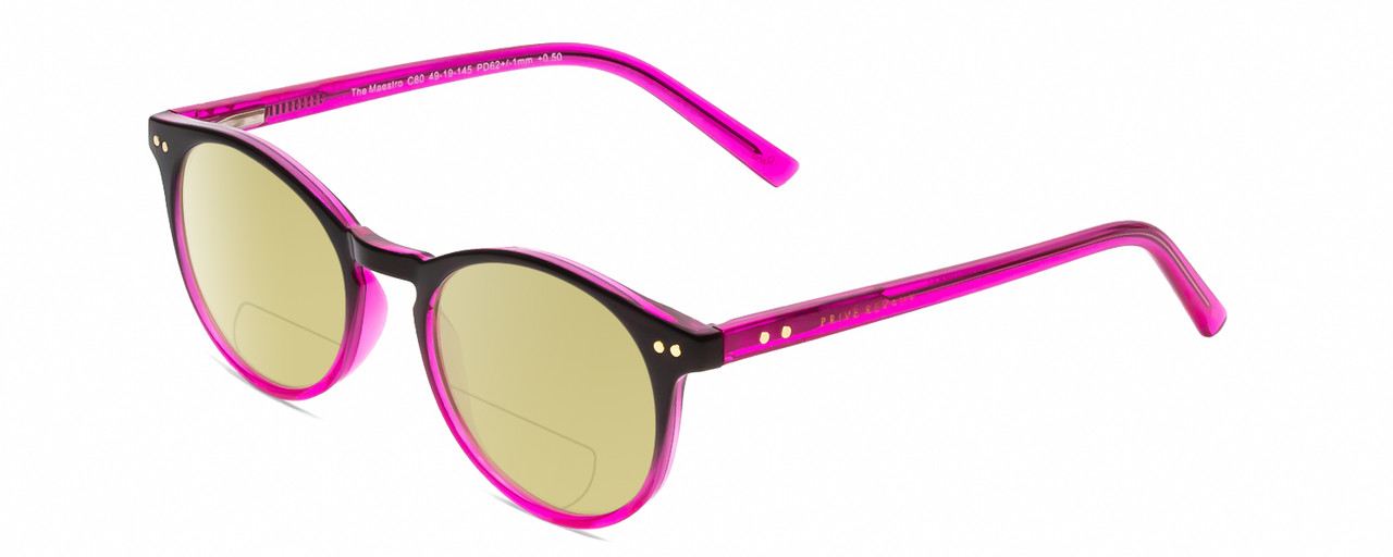 Profile View of Prive Revaux Maestro Designer Polarized Reading Sunglasses with Custom Cut Powered Sun Flower Yellow Lenses in Black Magenta Pink Crystal Fade Ladies Round Full Rim Acetate 48 mm