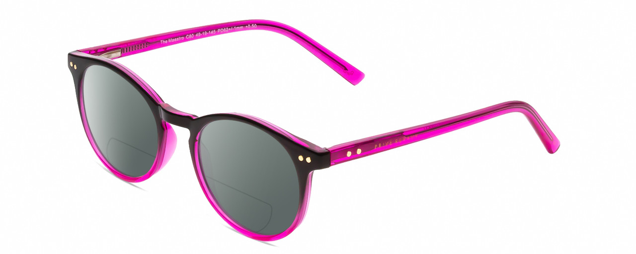 Profile View of Prive Revaux Maestro Designer Polarized Reading Sunglasses with Custom Cut Powered Smoke Grey Lenses in Black Magenta Pink Crystal Fade Ladies Round Full Rim Acetate 48 mm