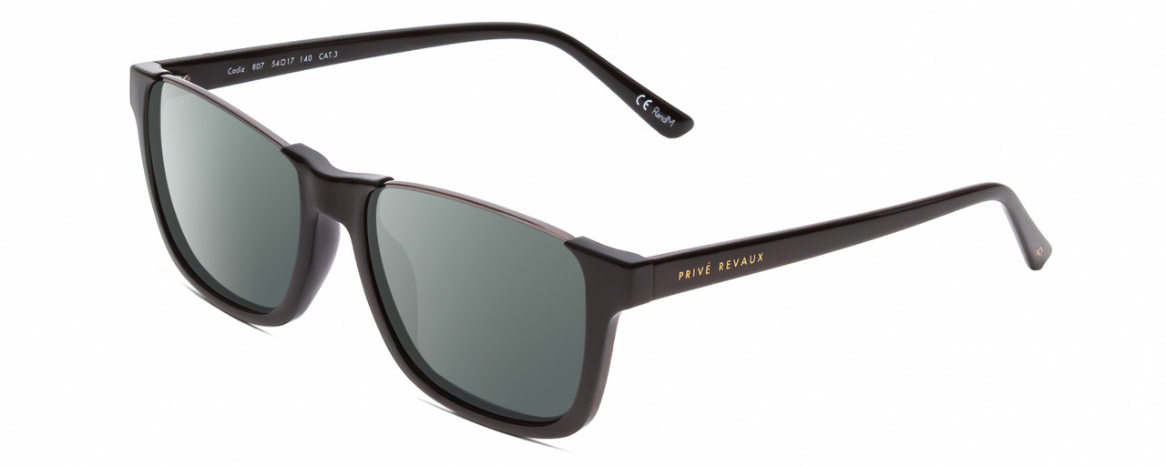 Profile View of Prive Revaux Cadiz Designer Polarized Sunglasses with Custom Cut Smoke Grey Lenses in Caviar Black Gunmetal Unisex Rectangle Full Rim Acetate 53 mm