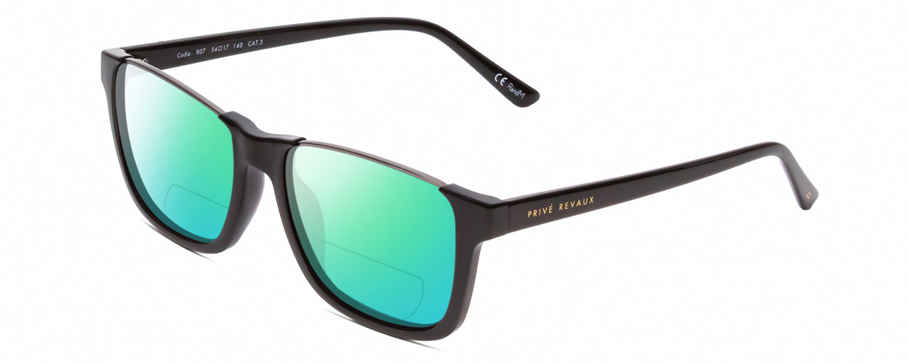 Profile View of Prive Revaux Cadiz Designer Polarized Reading Sunglasses with Custom Cut Powered Green Mirror Lenses in Caviar Black Gunmetal Unisex Rectangle Full Rim Acetate 53 mm