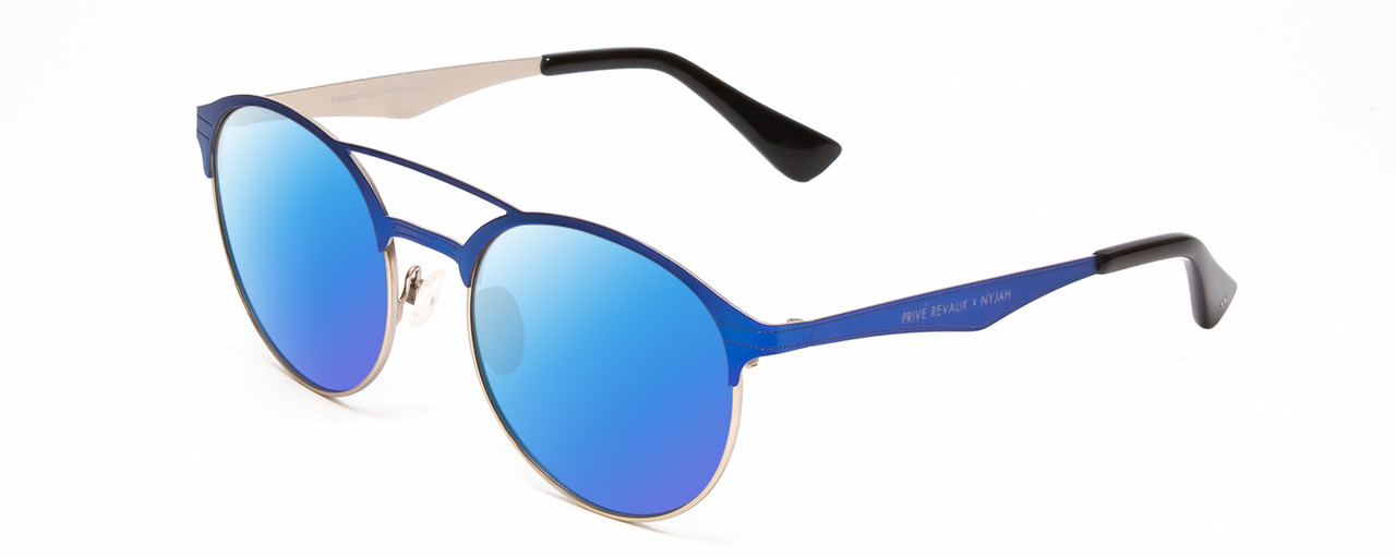 Profile View of Prive Revaux Laguna Designer Polarized Sunglasses with Custom Cut Blue Mirror Lenses in Matte Royal Blue/Silver/Black Unisex Pilot Full Rim Metal 52 mm