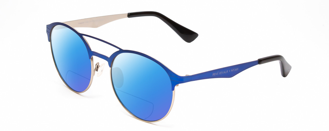 Profile View of Prive Revaux Laguna Designer Polarized Reading Sunglasses with Custom Cut Powered Blue Mirror Lenses in Matte Royal Blue/Silver/Black Unisex Pilot Full Rim Metal 52 mm