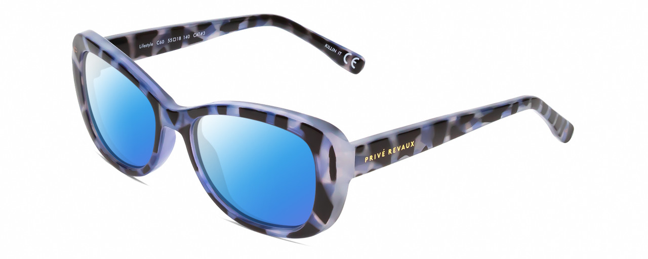 Profile View of Prive Revaux Lifestyle Designer Polarized Sunglasses with Custom Cut Blue Mirror Lenses in Majestic Indigo Blue Black Tortoise Crystal Ladies Oval Full Rim Acetate 55 mm