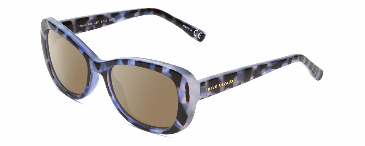 Profile View of Prive Revaux Lifestyle Designer Polarized Sunglasses with Custom Cut Amber Brown Lenses in Majestic Indigo Blue Black Tortoise Crystal Ladies Oval Full Rim Acetate 55 mm