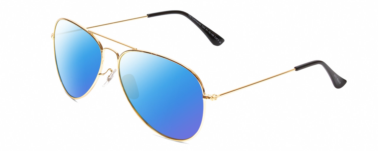 Profile View of Prive Revaux Commando Designer Polarized Sunglasses with Custom Cut Blue Mirror Lenses in Champagne Gold/Black Unisex Pilot Full Rim Metal 60 mm