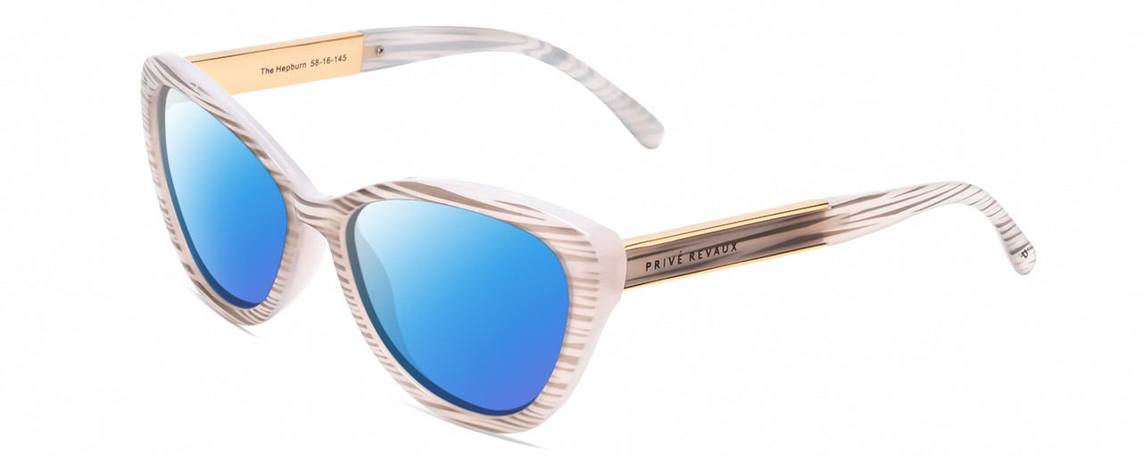 Profile View of Prive Revaux Hepburn 2.0 Designer Polarized Sunglasses with Custom Cut Blue Mirror Lenses in Splash White Grey Marble/Gold Ladies Cateye Full Rim Acetate 56 mm