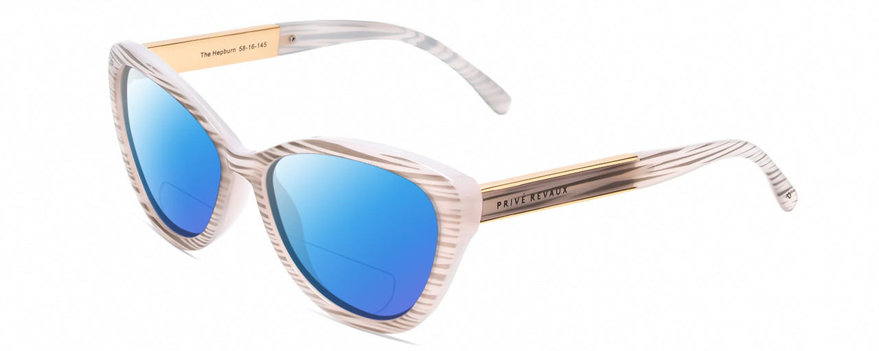 Profile View of Prive Revaux Hepburn 2.0 Designer Polarized Reading Sunglasses with Custom Cut Powered Blue Mirror Lenses in Splash White Grey Marble/Gold Ladies Cateye Full Rim Acetate 56 mm