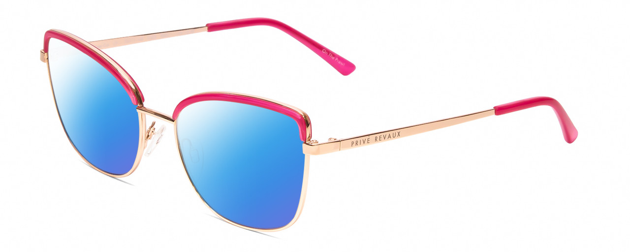 Profile View of Prive Revaux Copycat Designer Polarized Sunglasses with Custom Cut Blue Mirror Lenses in Fuchsia Pink/Rose Gold  Ladies Cateye Full Rim Metal 55 mm