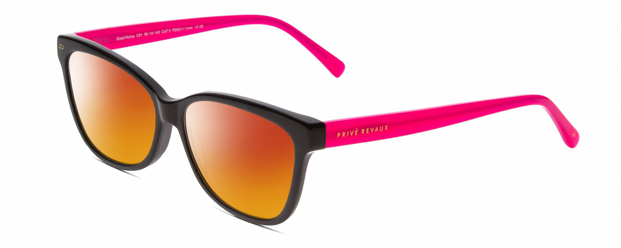 Profile View of Prive Revaux Good Notes Designer Polarized Sunglasses with Custom Cut Red Mirror Lenses in Caviar Black Bubblegum Pink Ladies Cateye Full Rim Acetate 56 mm