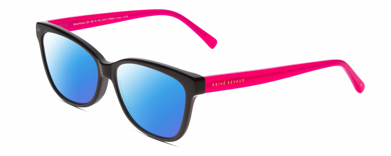 Profile View of Prive Revaux Good Notes Designer Polarized Sunglasses with Custom Cut Blue Mirror Lenses in Caviar Black Bubblegum Pink Ladies Cateye Full Rim Acetate 56 mm