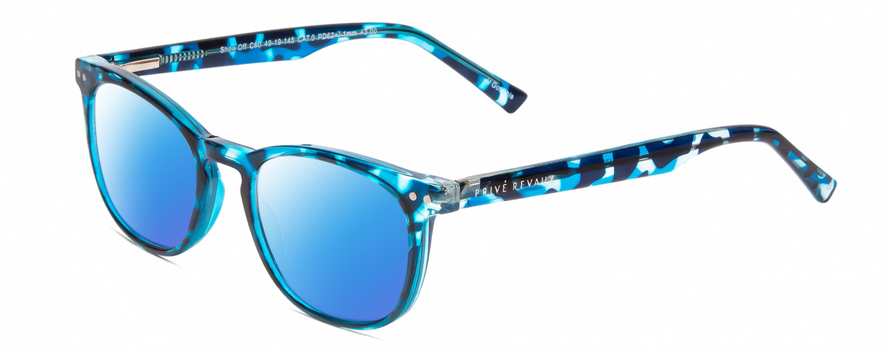 Profile View of Prive Revaux Show Off Single Designer Polarized Sunglasses with Custom Cut Blue Mirror Lenses in Blue Tortoise Crystal Havana Ladies Round Full Rim Acetate 48 mm