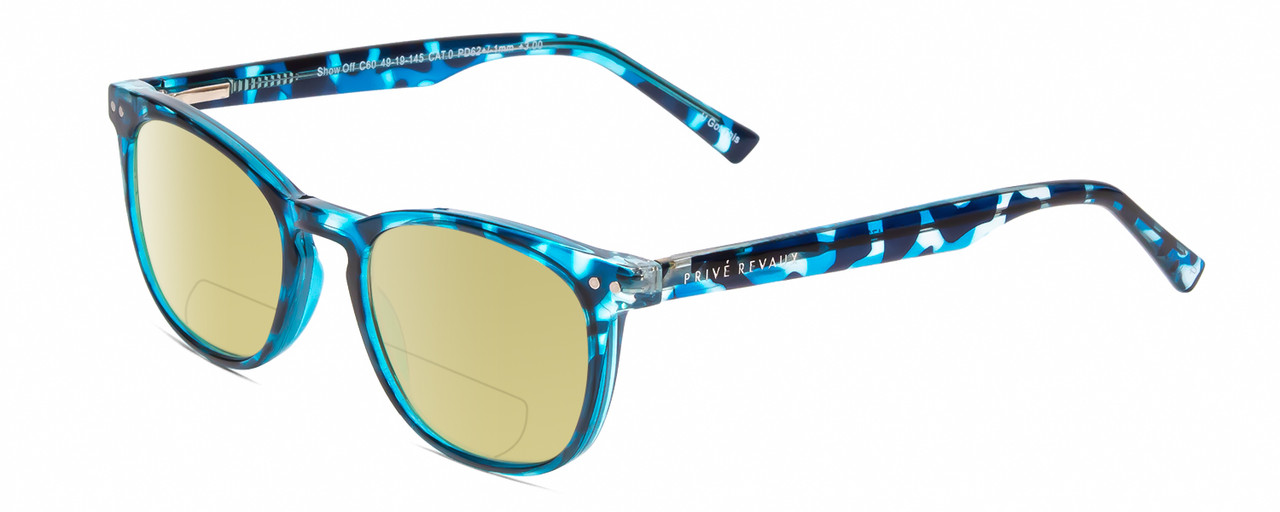 Profile View of Prive Revaux Show Off Single Designer Polarized Reading Sunglasses with Custom Cut Powered Sun Flower Yellow Lenses in Blue Tortoise Crystal Havana Ladies Round Full Rim Acetate 48 mm