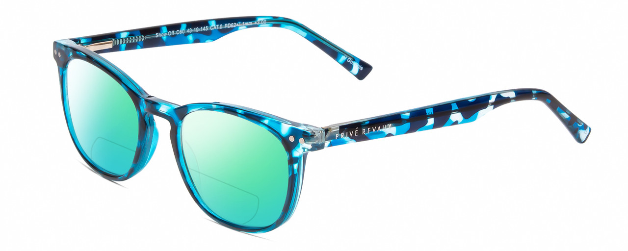 Profile View of Prive Revaux Show Off Single Designer Polarized Reading Sunglasses with Custom Cut Powered Green Mirror Lenses in Blue Tortoise Crystal Havana Ladies Round Full Rim Acetate 48 mm